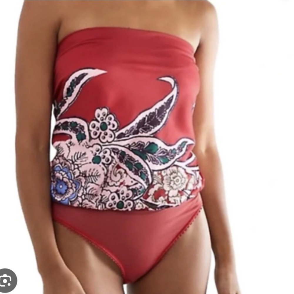 Free People Red Floral Strapless Bodysuit